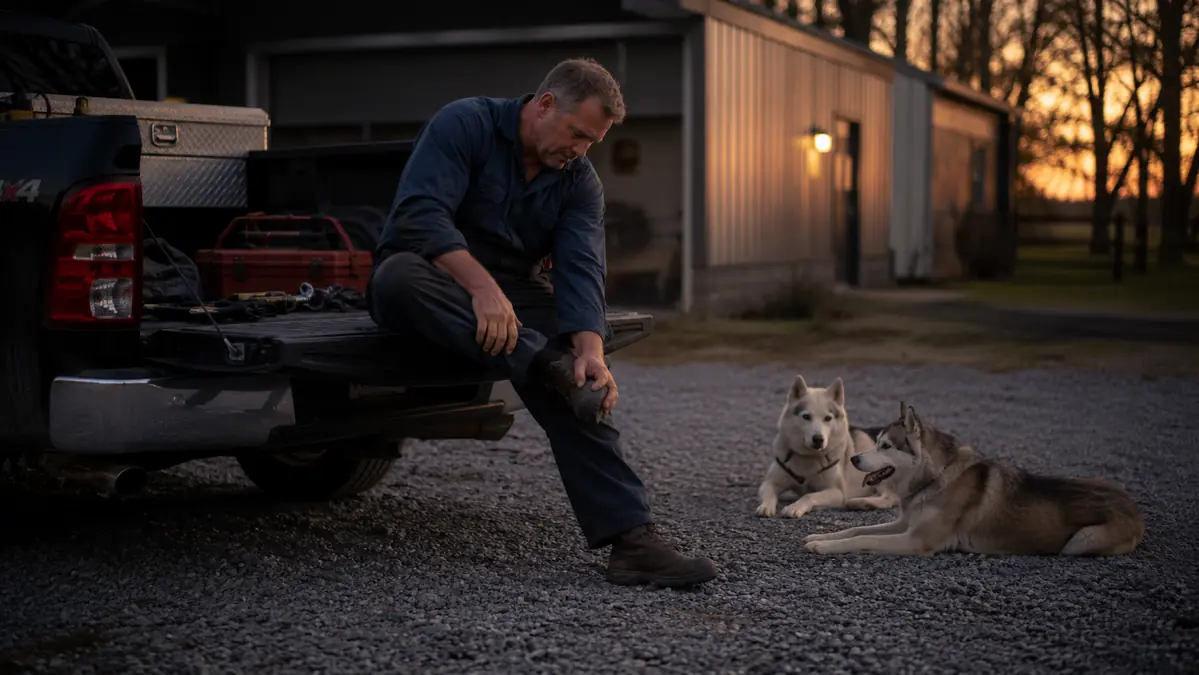 Gregory sitting on the tailgate of a truck stretching his calves after a shop shift, two Siberian huskies resting nearby