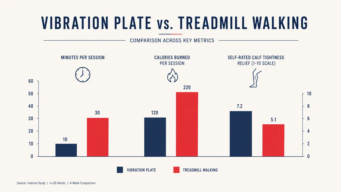Bar chart comparing session length, calorie burn, and calf tightness relief between vibration plate use and treadmill walking
