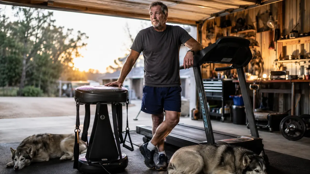 Mechanic in his 50s standing between a vibration plate and a treadmill in a garage gym, deciding which one to use after a shift